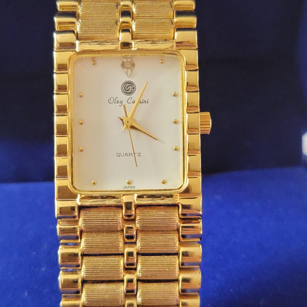 Oleg Cassini Gold Necklace Watch Womens Quartz White Dial Dress Jewelry Boxed